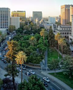 An aerial and panoramic view of the historic Plaza de Cesar Chavez in San Jose, CA.