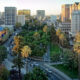 An aerial and panoramic view of the historic Plaza de Cesar Chavez in San Jose, CA.